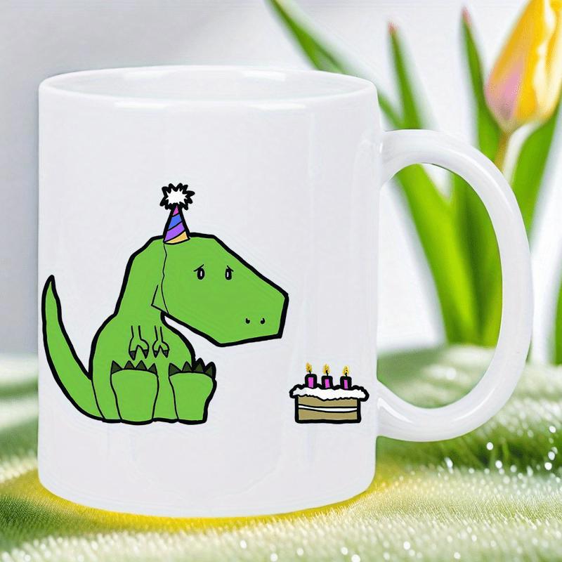 Tailorly White Ceramic 11 oz Mug - Cute Green Cartoon T-Rex Wearing A Party Hat Beside Small Cake Dinosaur