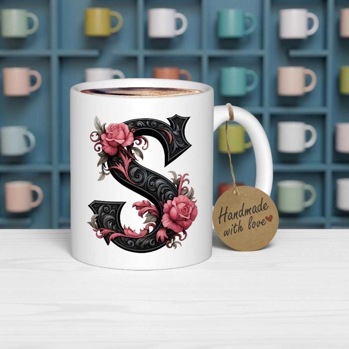 Tailorly White Ceramic 11 oz Mug - Handmade With Love Ornate Black Gothic Initial Surrounded By Elegant Pink Blooming Roses Letter