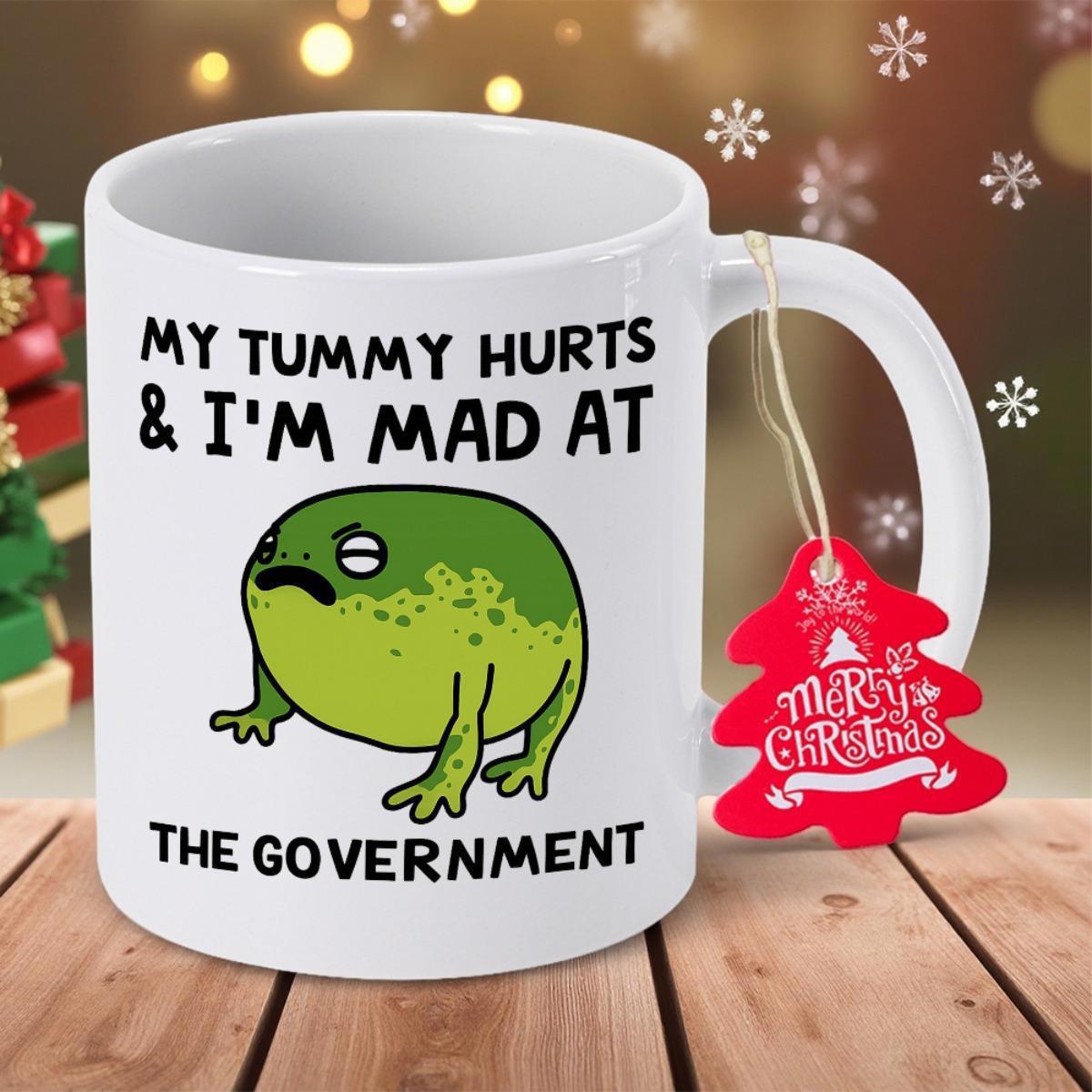 Tailorly White Ceramic 11 oz Mug - My Tummy Hurts Im Mad At The Government Round Green Amphibian With Grumpy Facial Expression And Short Legs Frog