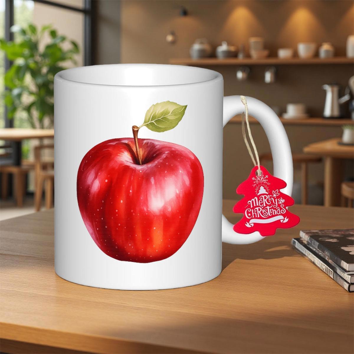 Tailorly White Ceramic 11 oz Mug - Merry Christmas Realistic Red Fruit With A Small Green Leaf Apple
