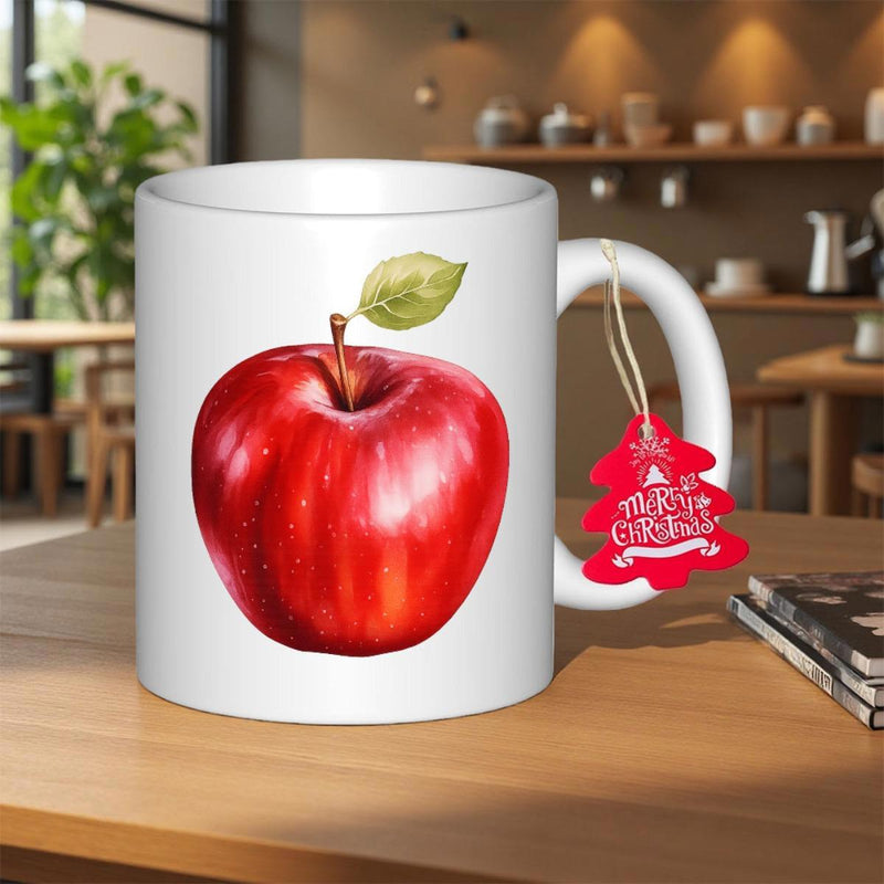 Tailorly White Ceramic 11 oz Mug - Merry Christmas Realistic Red Fruit With A Small Green Leaf Apple