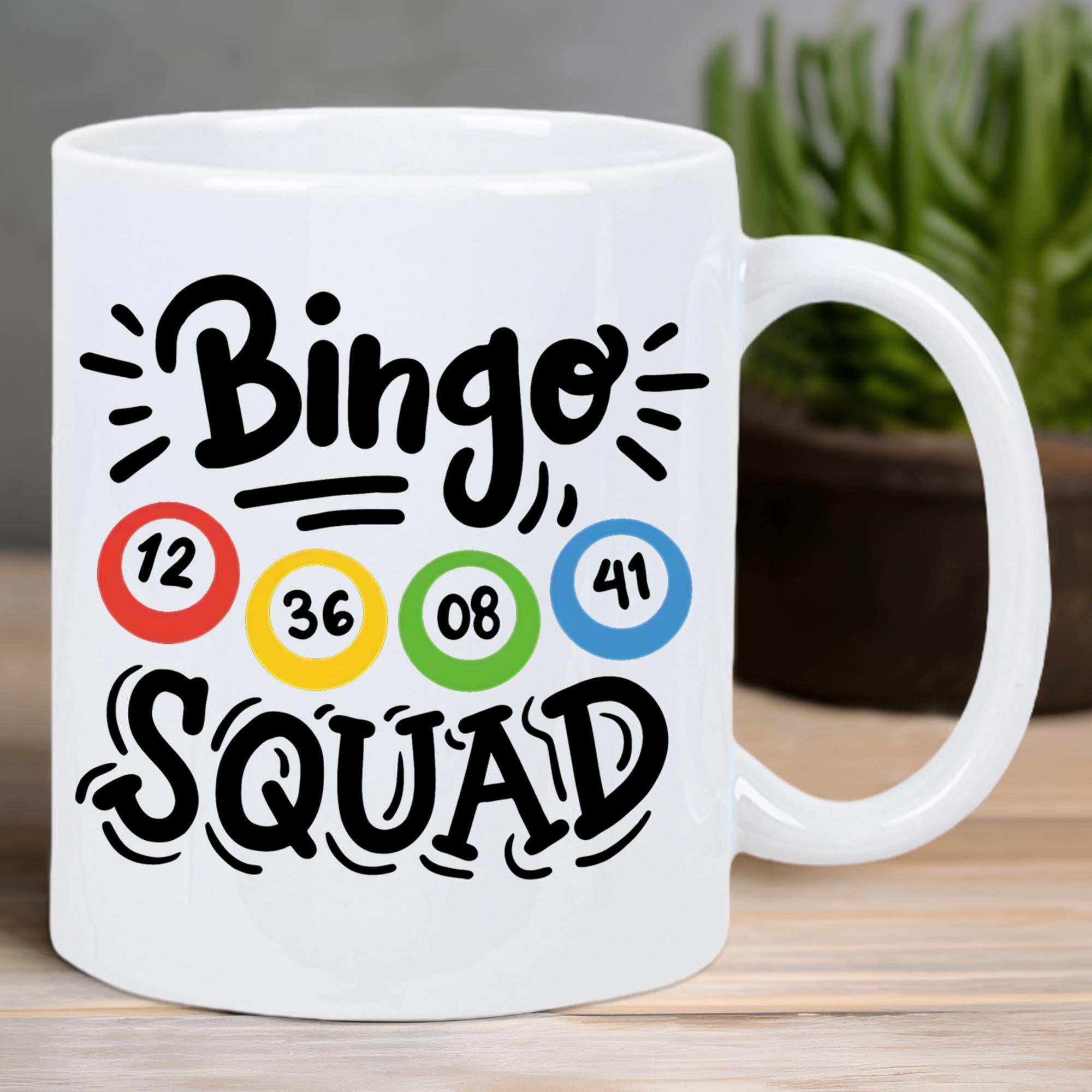 Tailorly White Ceramic 11 oz Mug - Bingo Squad Vibrant Colorful Circles Featuring Random Numbers Arranged In A Playful Linear Pattern Bingo Ball