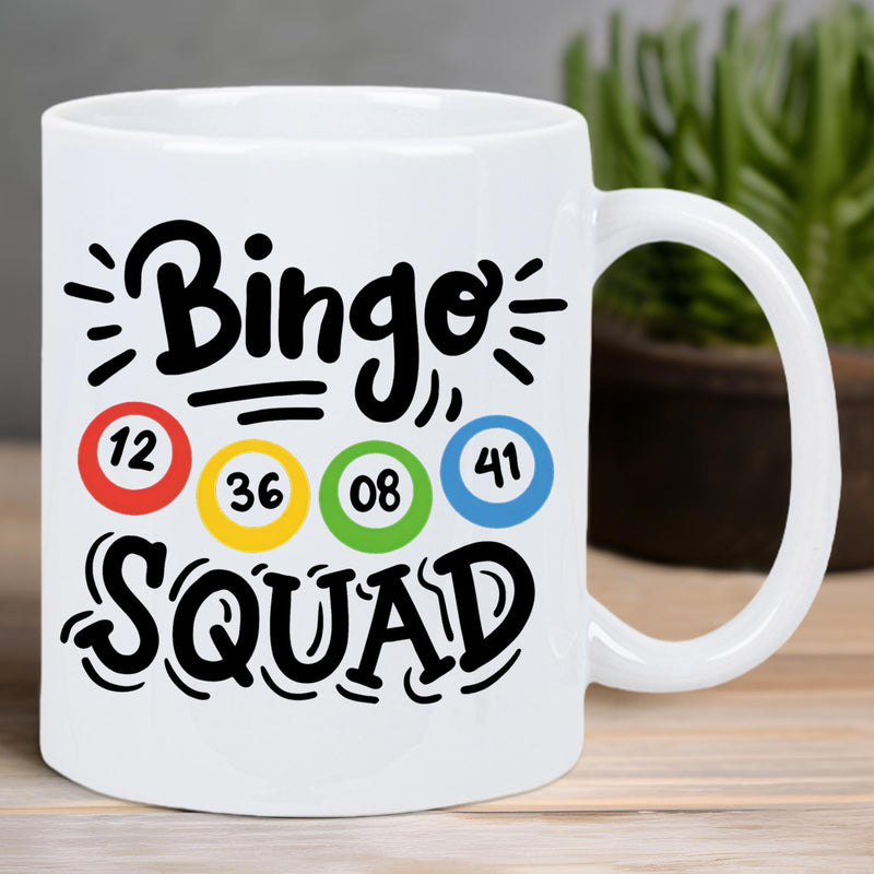 Tailorly White Ceramic 11 oz Mug - Bingo Squad Vibrant Colorful Circles Featuring Random Numbers Arranged In A Playful Linear Pattern Bingo Ball