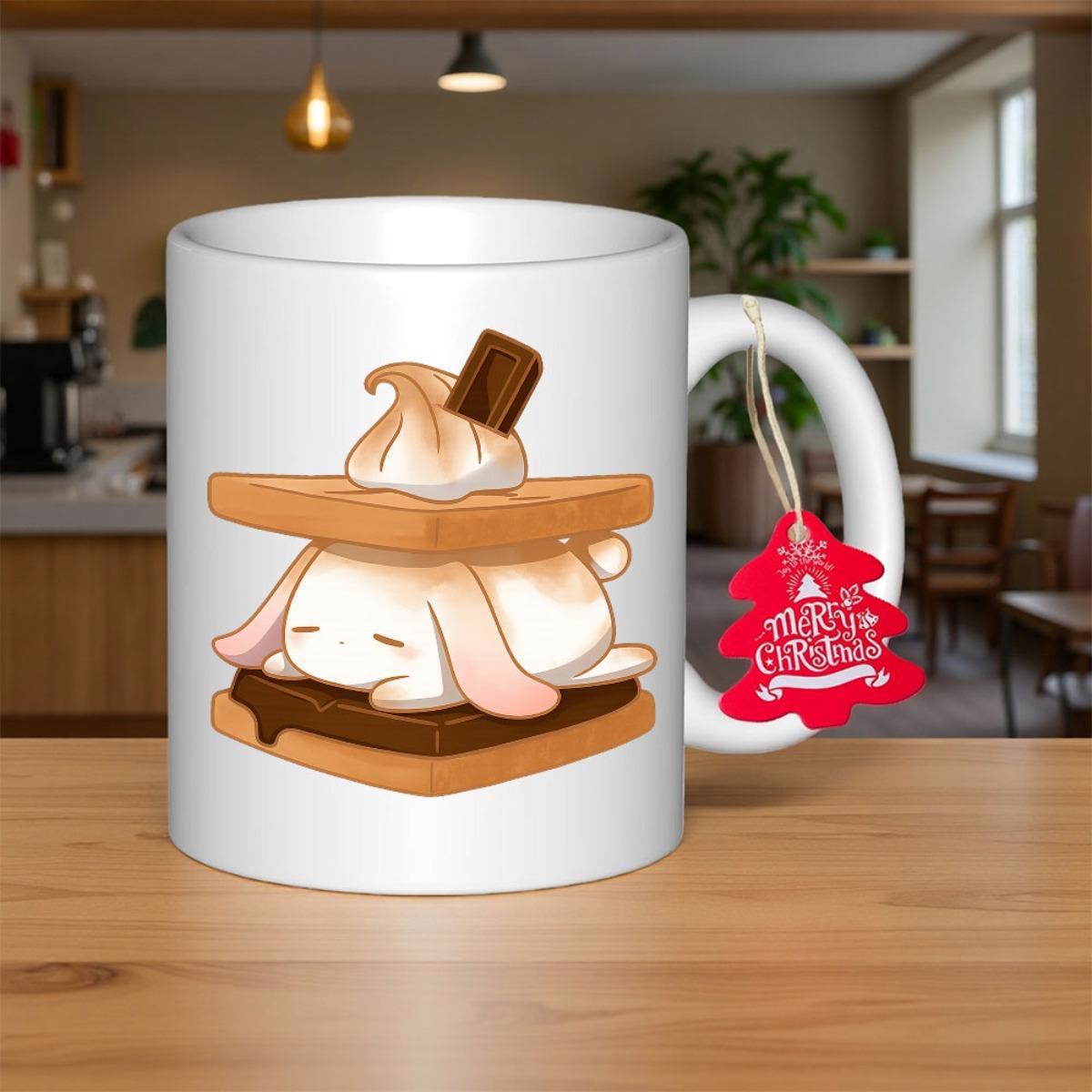Tailorly White Ceramic 11 oz Mug - Merry Christmas Adorable Fluffy Bunny Resting Between Toasted Marshmallow And Melted Chocolate Crackers Rabbit