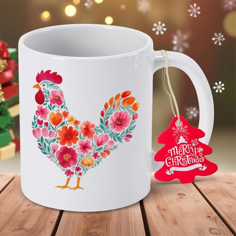 Tailorly White Ceramic 11 oz Mug - Merry Christmas Vibrant Flowers Arranged In Silhouette Of Graceful Farm Animal Rooster
