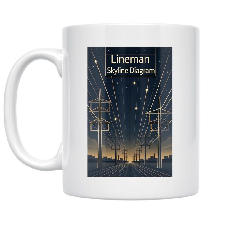 Tailorly White Ceramic 11 oz Mug - Lineman Skyline Diagram Electric Lines Stretching Toward A Glowing Horizon Under A Starry Night Sky Skyline