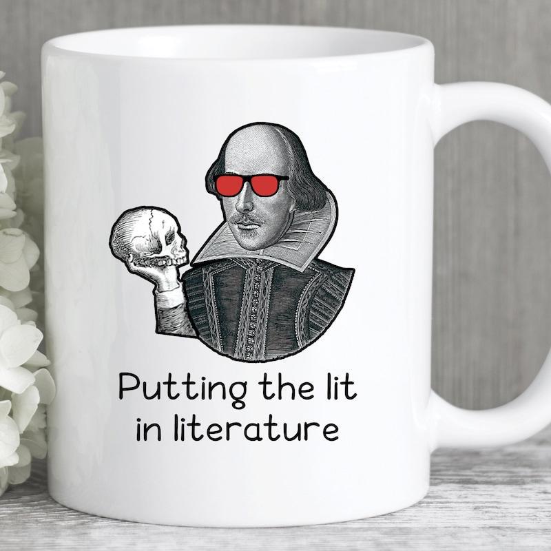 Tailorly White Ceramic 11 oz Mug - Putting The Lit In Literature Classical Author Wearing Trendy Red Sunglasses Holding Human Skull Shakespeare