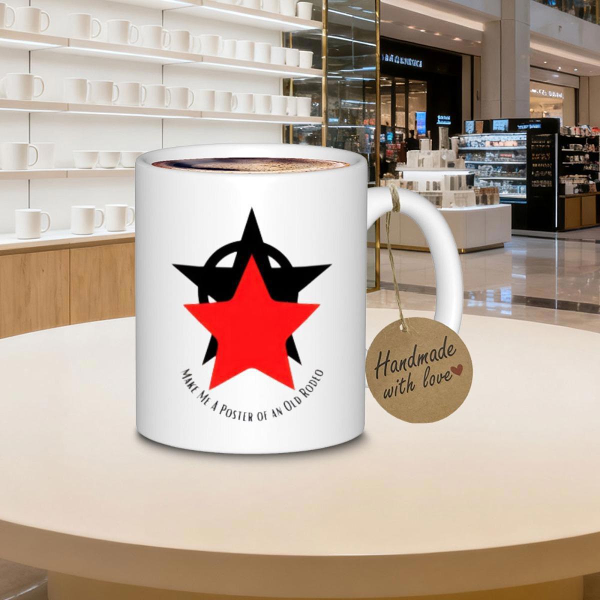 Tailorly White Ceramic 11 oz Mug - Handmade With Love Bold Red And Black Overlapping Geometric Symbolic Five Pointed Star