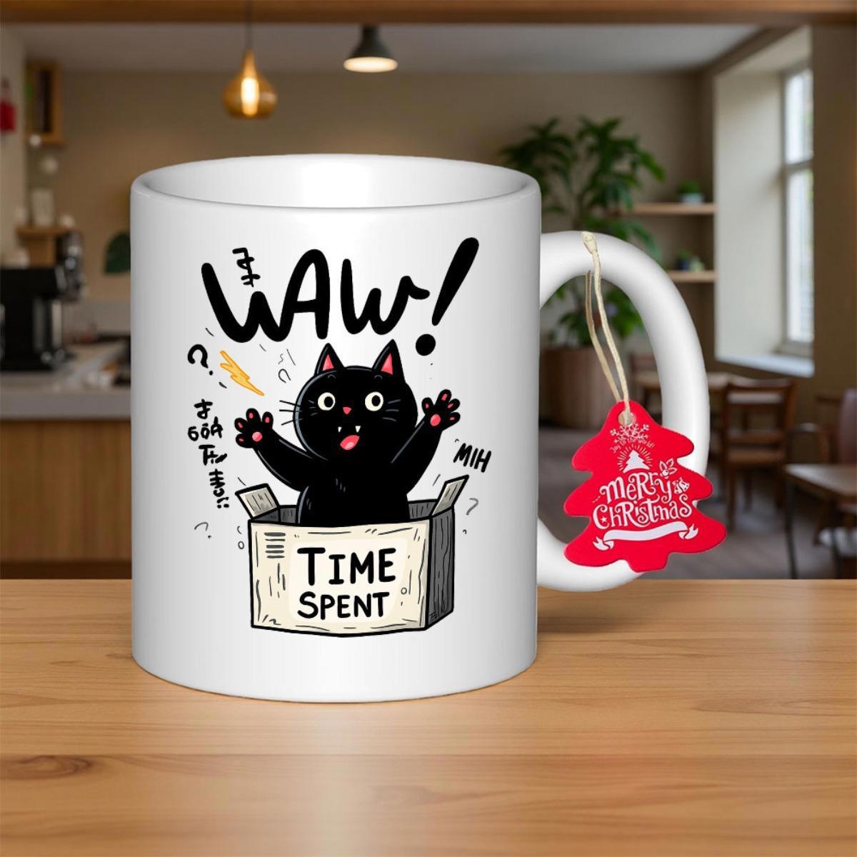 Tailorly White Ceramic 11 oz Mug - WAW Time Spent Adorable Black Cartoon Character Emerging From A Small Box Surprised Expression Cat