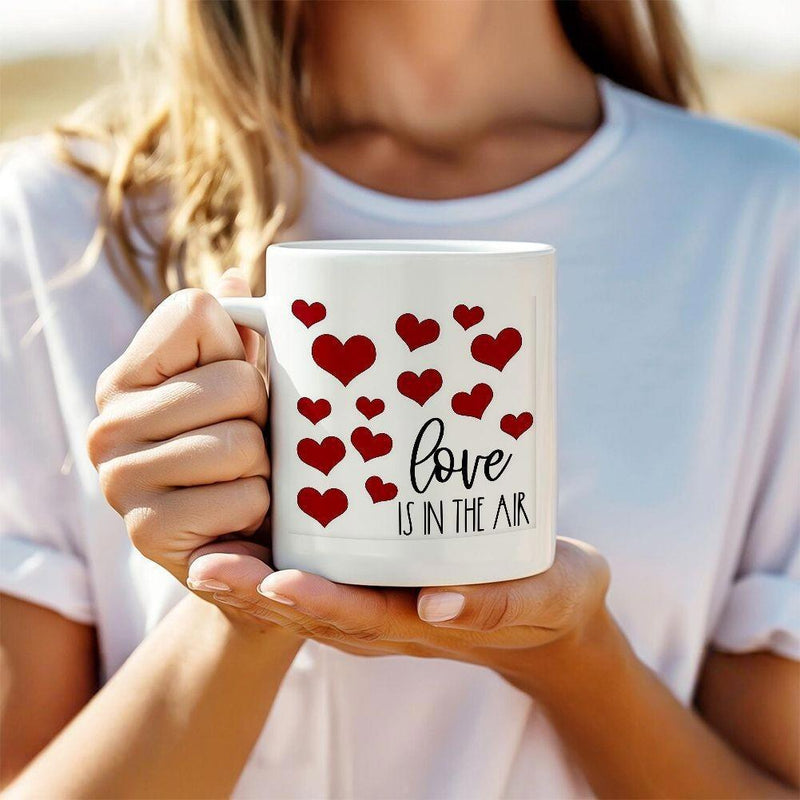 Tailorly White Ceramic 11 oz Mug - Love Is In The Air Scattered Vibrant Red Hearts Floating Across A Clean White Background Heart
