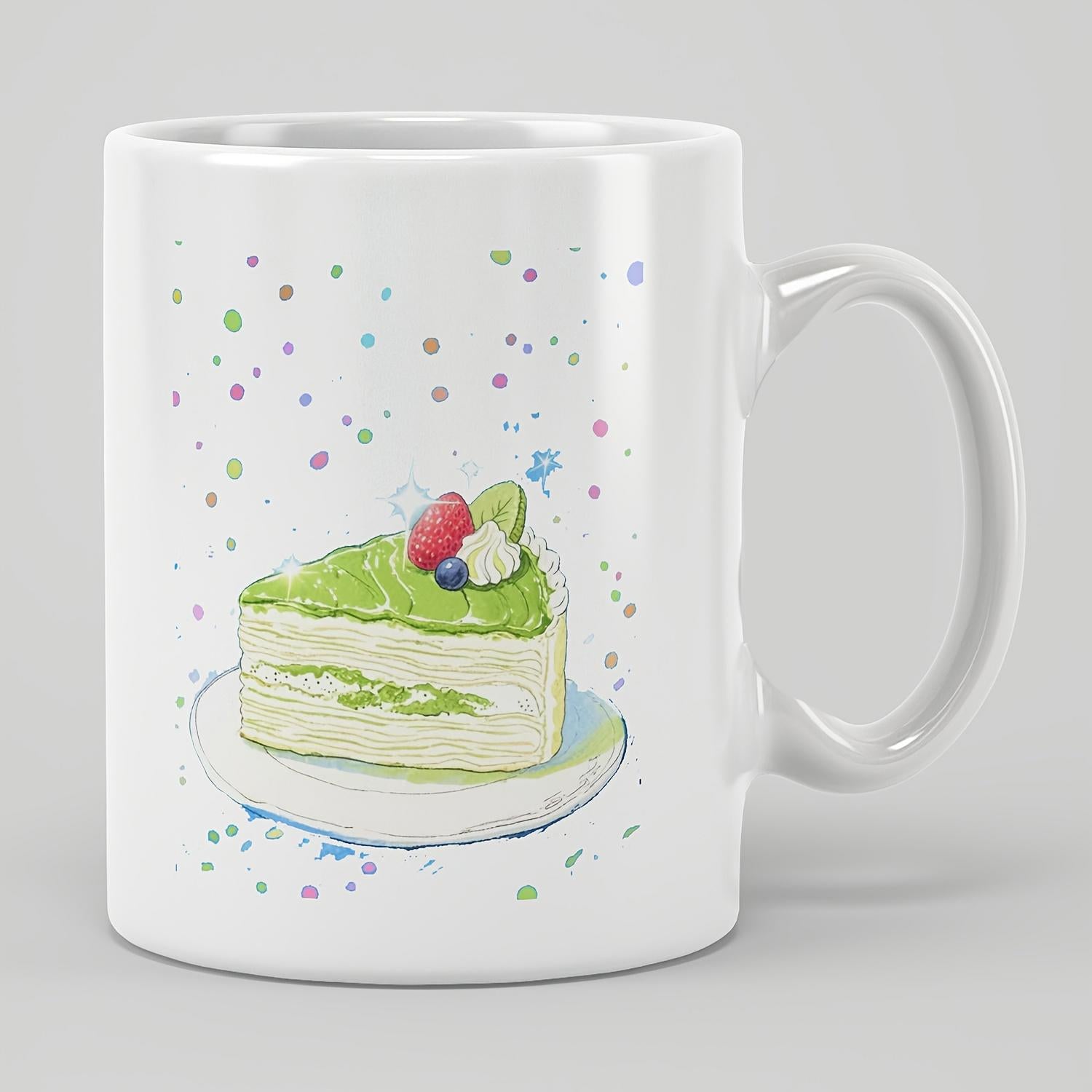 Tailorly White Ceramic 11 oz Mug - Sweet Watercolor Painted Matcha Green Slice Topped With Fresh Fruits Cake