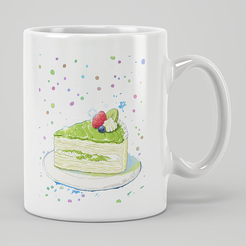 Tailorly White Ceramic 11 oz Mug - Sweet Watercolor Painted Matcha Green Slice Topped With Fresh Fruits Cake