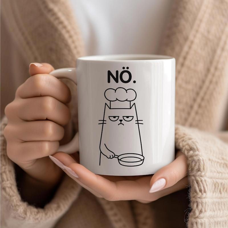 Tailorly White Ceramic 11 oz Mug - Minimalist Line Art Illustrating A Grumpy Frowning Chef Wearing Hat Cat