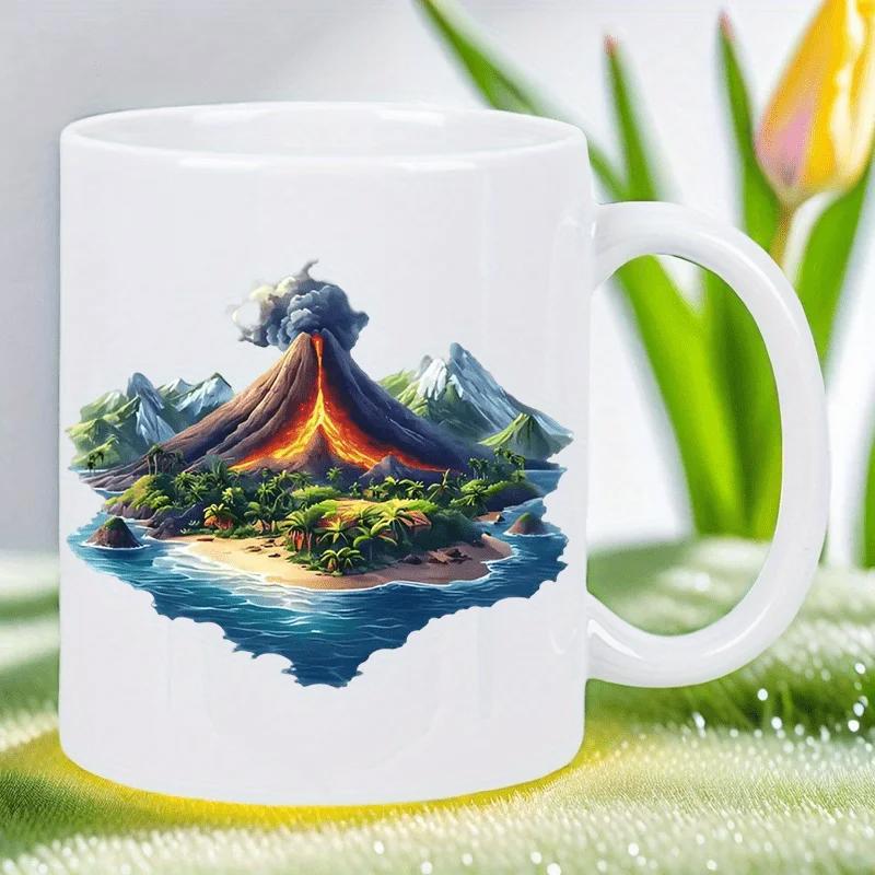 Tailorly White Ceramic 11 oz Mug - Erupting Tropical Island With Molten Lava Flows Surrounded By Blue Ocean Volcano