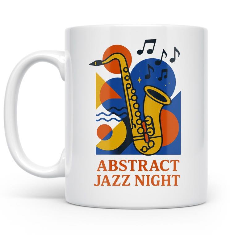 Tailorly White Ceramic 11 oz Mug - Abstract Jazz Night Colorful Geometric Shapes Surrounded By Rhythmic Flowing Musical Notes Saxophone