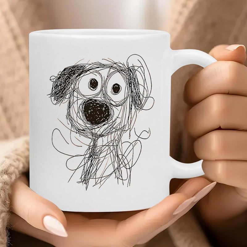 Tailorly White Ceramic 11 oz Mug - Whimsical Scribble Line Art Featuring A Large Eyed Playful Cartoon Dog