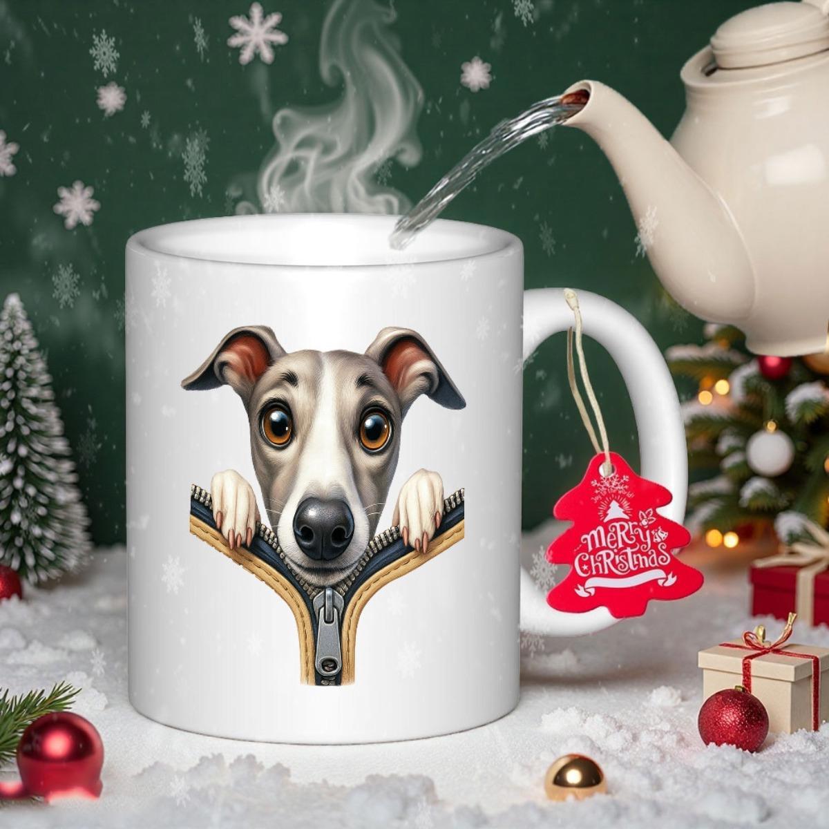 Tailorly White Ceramic 11 oz Mug - Merry Christmas Adorable Peeking Dog Through A Detailed Metallic Golden Zipper Greyhound