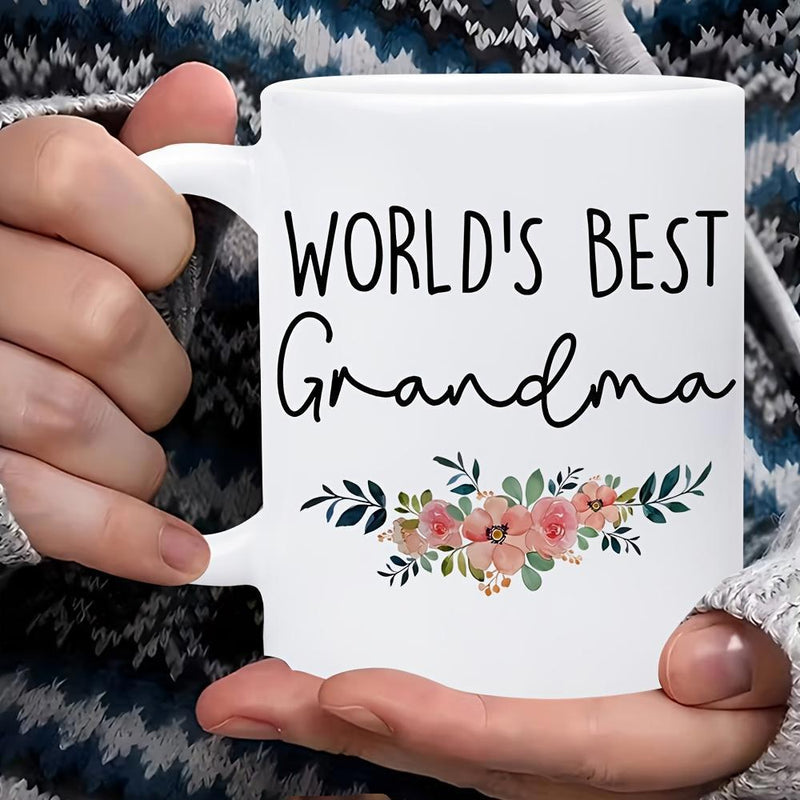 Tailorly White Ceramic 11 oz Mug - World's Best Grandma Delicate Pink Watercolor Blossoms Arranged With Soft Green Foliage Under Text Flower