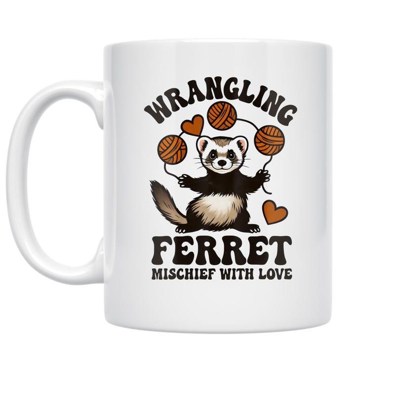 Tailorly White Ceramic 11 oz Mug - Wrangling Ferret Mischief With Love Playful Sable Ferret Juggling Brown Yarn Balls And Little Hearts Ferret