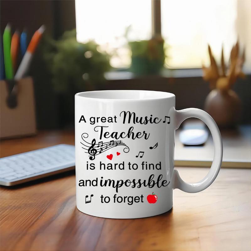 Tailorly White Ceramic 11 oz Mug - A Great Music Teacher Is Hard To Find And Impossible To Forget Elegant Black Musical Notes With Tiny Red Hearts And Apple Mug