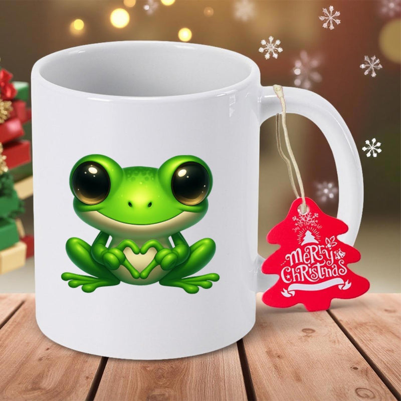 Tailorly White Ceramic 11 oz Mug - Merry Christmas Adorable Sitting Vibrant Green Creature Holding Heart Hands Frog
