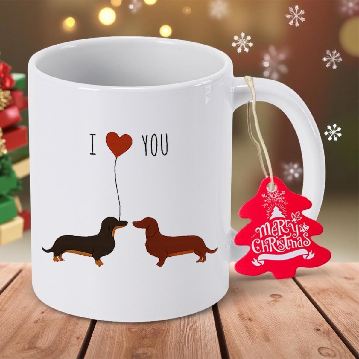Tailorly White Ceramic 11 oz Mug - I You Merry Christmas Lovely Long Bodied Puppies Facing Each Other Under Floating Heart Balloon Dachshund