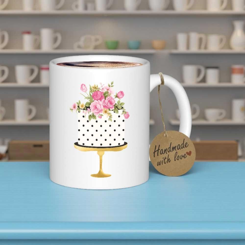 Tailorly White Ceramic 11 oz Mug - Handmade With Love Polka Dot Design With Elegant Pink Roses On Golden Stand Cake