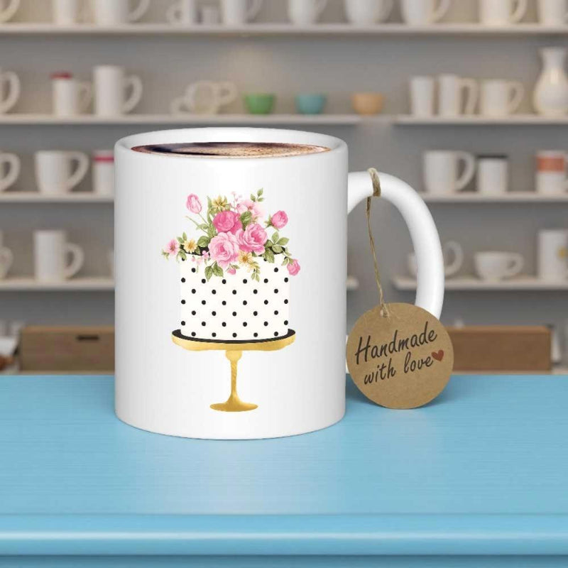 Tailorly White Ceramic 11 oz Mug - Handmade With Love Polka Dot Design With Elegant Pink Roses On Golden Stand Cake