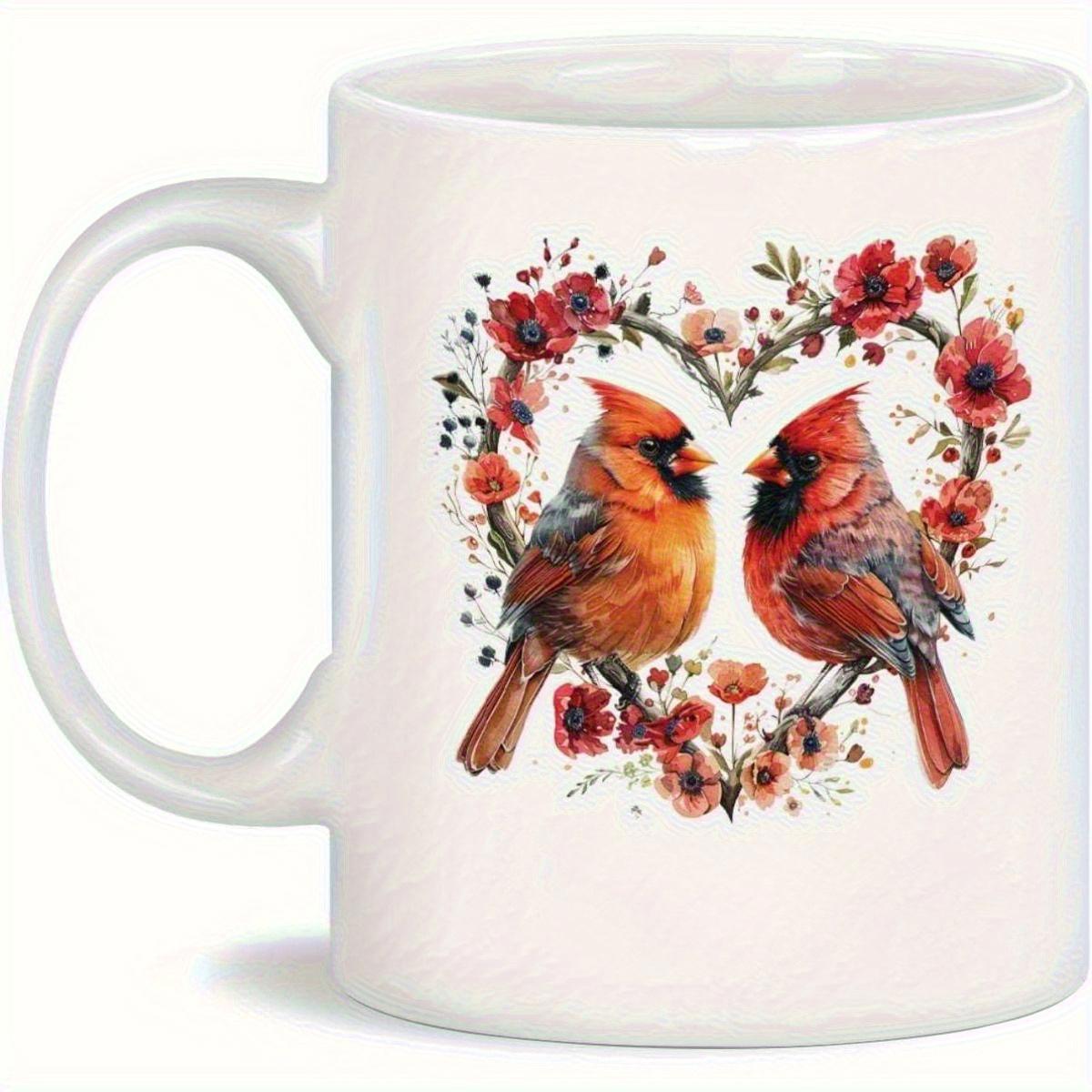 Tailorly White Ceramic 11 oz Mug - Two Vibrant Red Songbirds Inside A Floral Heart Wreath Cardinal