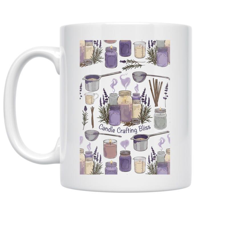 Tailorly White Ceramic 11 oz Mug - Candle Crafting Bliss Soft Watercolor Glass Jars With Lavender Sprigs And Melting Pots Illustration