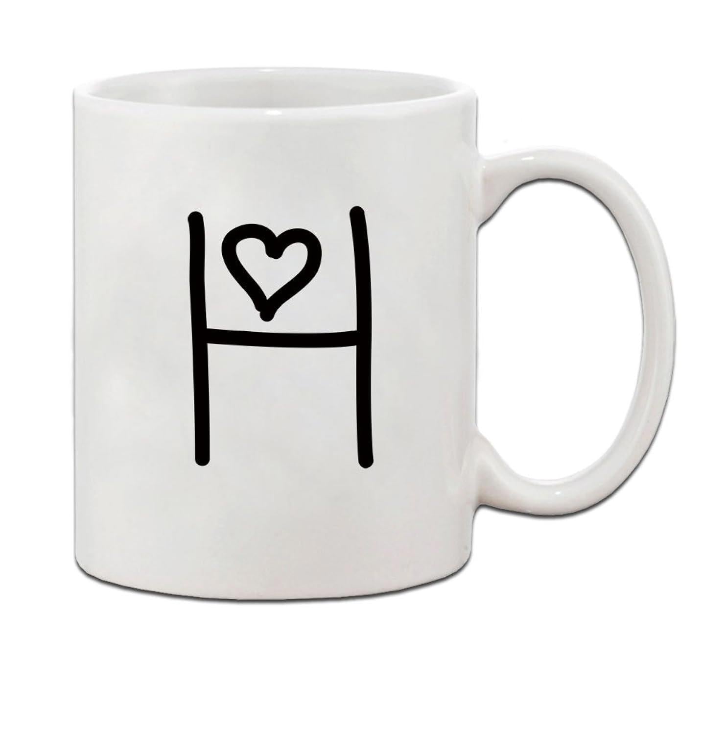Tailorly White Ceramic 11 oz Mug - H Minimalist Hand Drawn Black Lines Featuring A Small Delicate Heart
