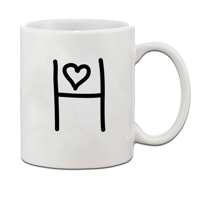 Tailorly White Ceramic 11 oz Mug - H Minimalist Hand Drawn Black Lines Featuring A Small Delicate Heart