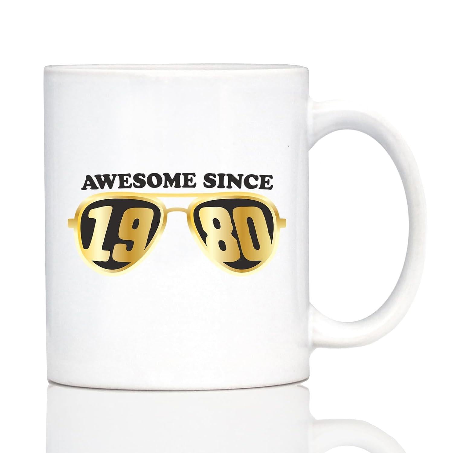 Tailorly White Ceramic 11 oz Mug - Awesome Since 1980 Metallic Golden Aviator Lenses Shimmering With Distinctive Frame Sunglasses