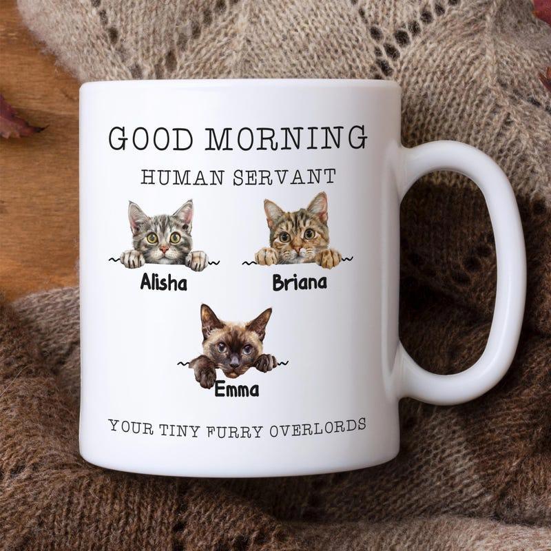 Tailorly White Ceramic 11 oz Mug - Good Morning Human Servant Alisha Briana Emma Your Tiny Furry Overlords Three Adorable Domestic Cats Peeking Over A Clean White
