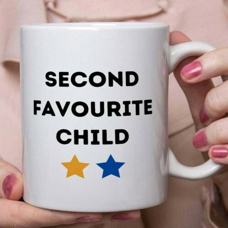 Tailorly White Ceramic 11 oz Mug - Second Favourite Child Minimalist Twin Stars In Gold And Blue Symmetrically Placed Under Text Star