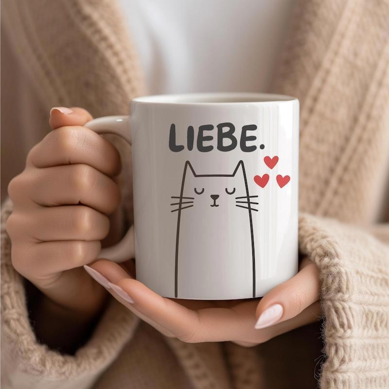 Tailorly White Ceramic 11 oz Mug - Simple Minimalist Line Art Stylized Cat With Tiny Red Love Hearts Cat