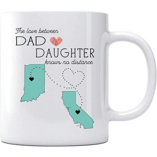 Tailorly White Ceramic 11 oz Mug - The Love Between Dad Daughter Knows No Distance Two Teal Blue States Connected By A Delicate Dotted Heart Mug