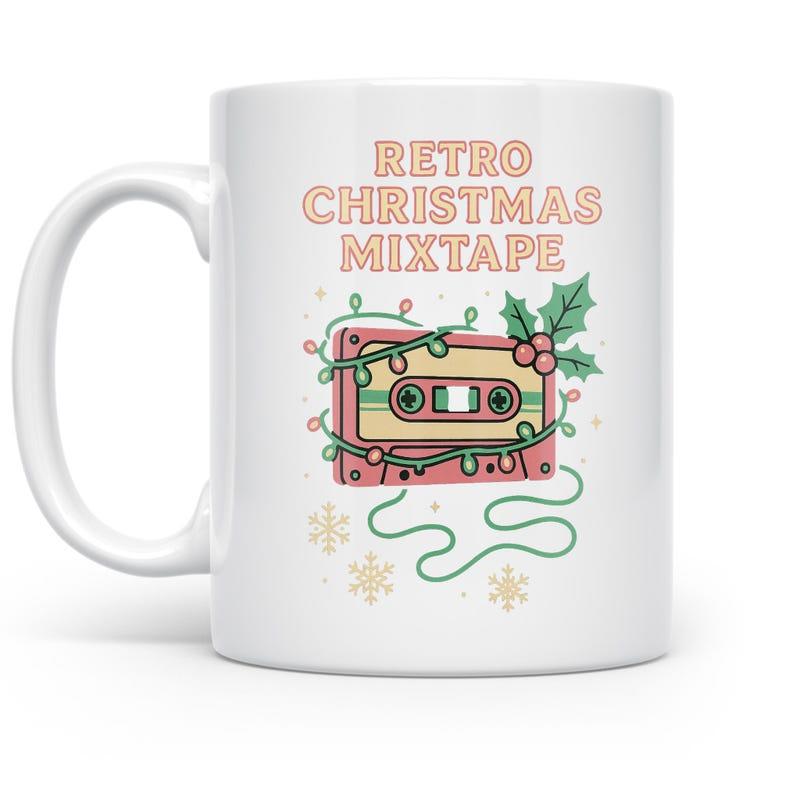 Tailorly White Ceramic 11 oz Mug - Retro Christmas Mixtape Vintage Cassette Wrapped In Glowing Holiday Lights Among Festive Holly Mixtape