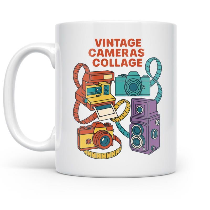 Tailorly White Ceramic 11 oz Mug - Vintage Cameras Collage Stylized Colorful Classic Photographic Equipment Wrapped In Vibrant Retro Film Strips Camera