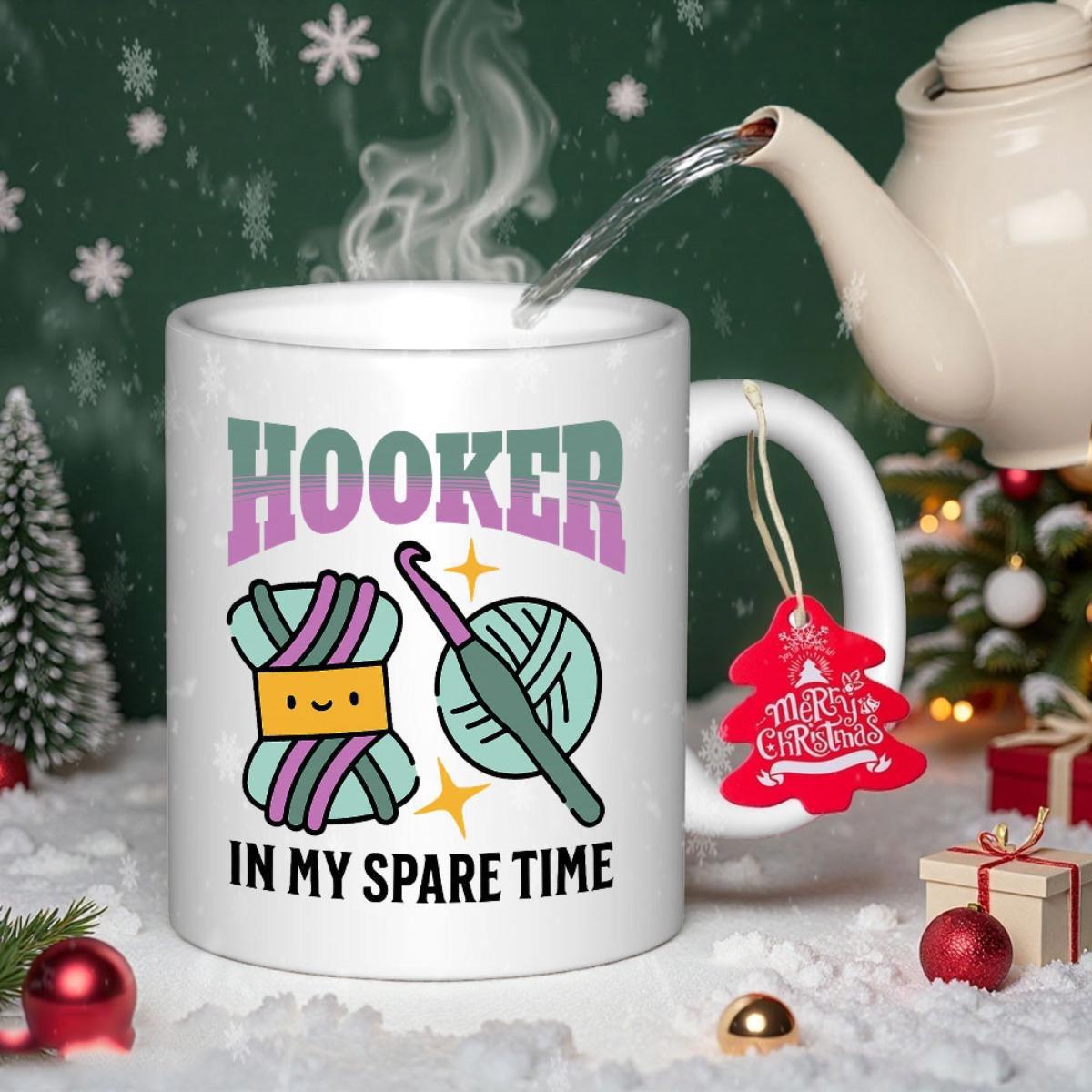 Tailorly White Ceramic 11 oz Mug - Hooker In My Spare Time Colorful Cartoon Yarn Balls Featuring A Hook Among Little Shining Stars Crochet