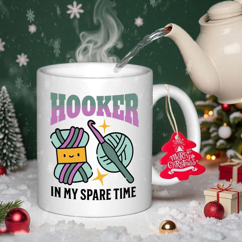 Tailorly White Ceramic 11 oz Mug - Hooker In My Spare Time Colorful Cartoon Yarn Balls Featuring A Hook Among Little Shining Stars Crochet