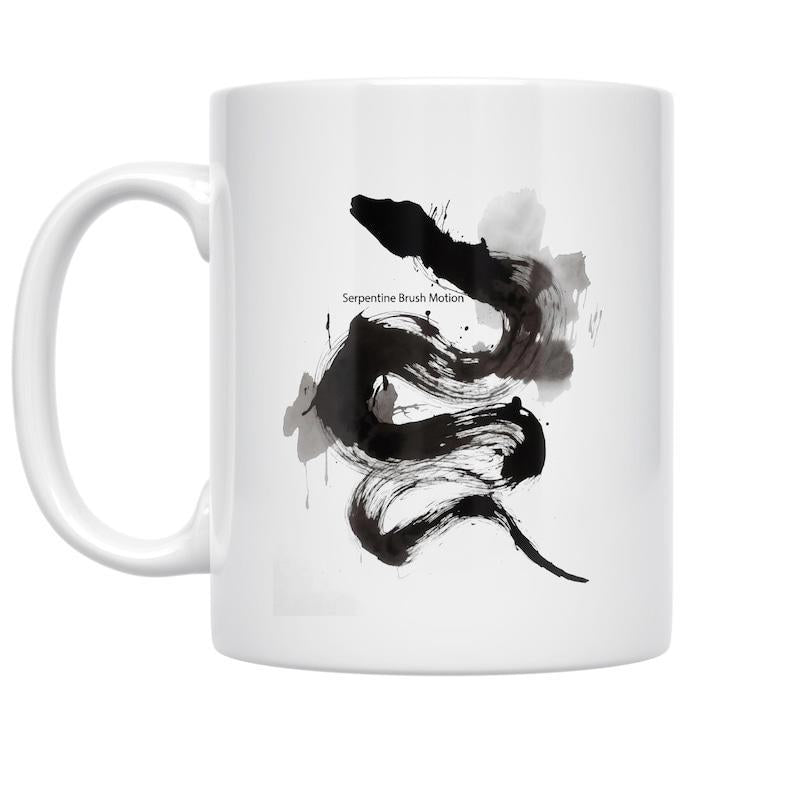 Tailorly White Ceramic 11 oz Mug - Minimalist Black Ink Brushstroke Style Flowing Abstract Art Serpent Snake