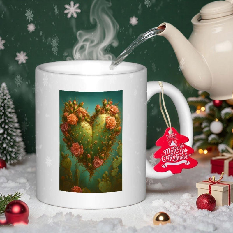 Tailorly White Ceramic 11 oz Mug - Vibrant Green Heart Shaped Succulent With Small Blooming Desert Flowers Cactus