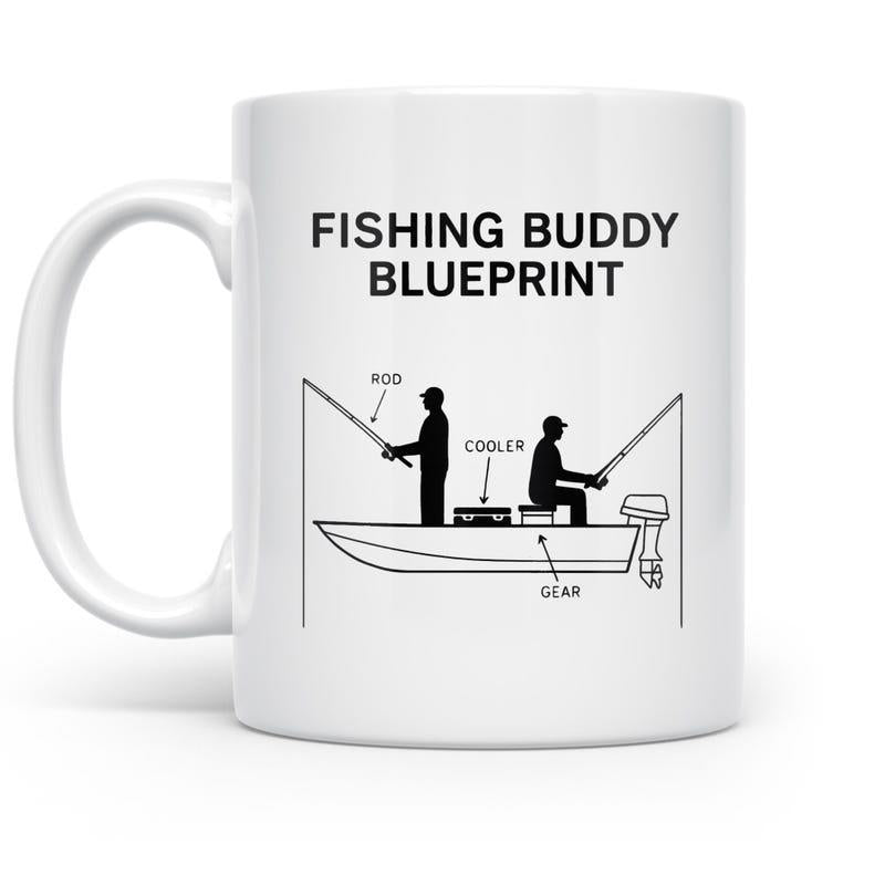 Tailorly White Ceramic 11 oz Mug - Fishing Buddy Blueprint Schematic Diagram Of Two Figures Fishing On A Quiet Lake Boat