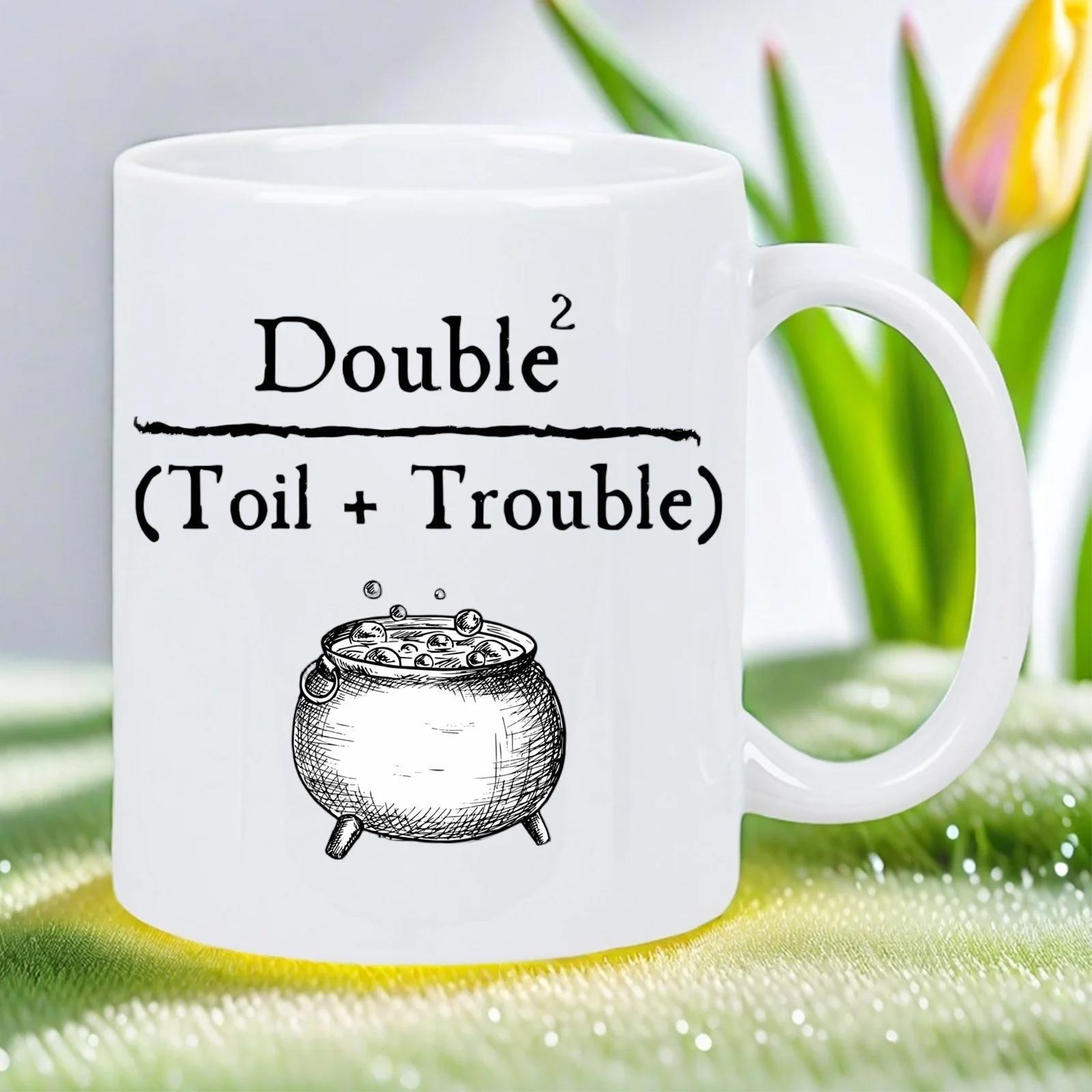 Tailorly White Ceramic 11 oz Mug - Double Toil Trouble Hand Drawn Ink Style Bubbling Magical Witch Pot Cauldron