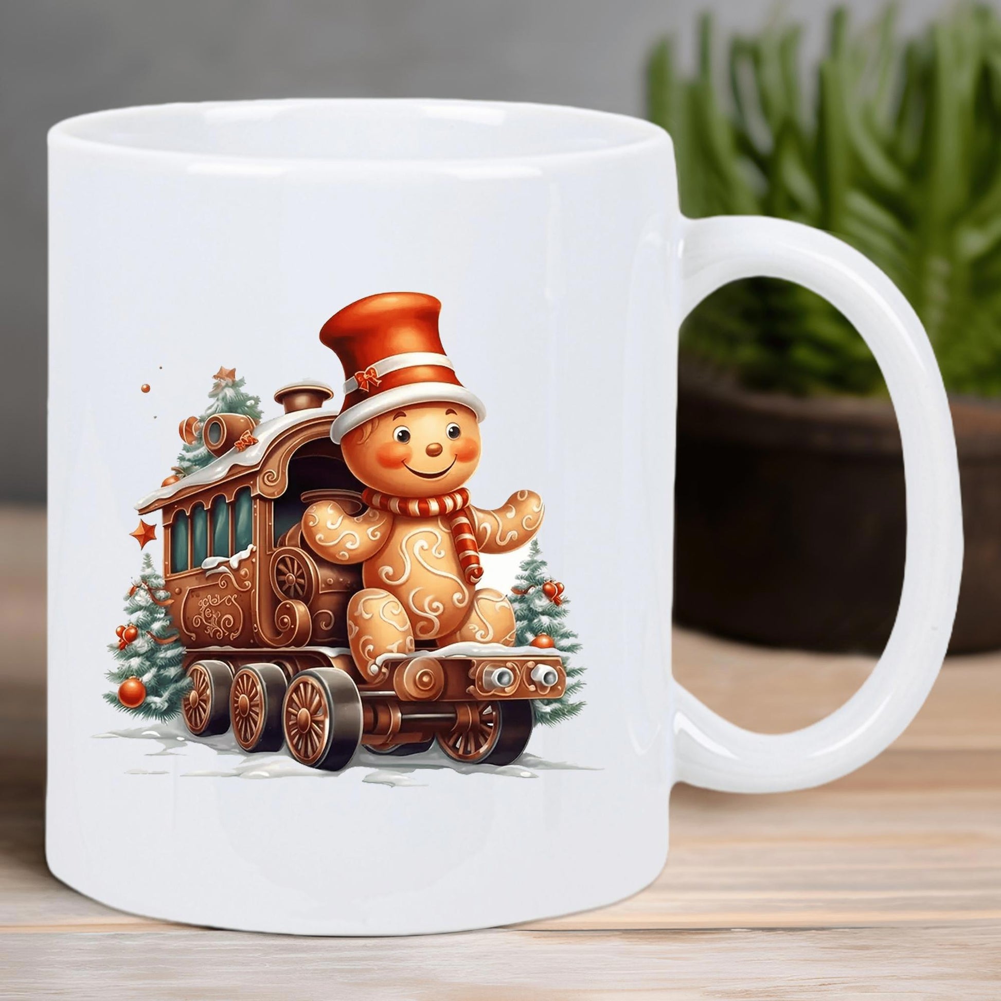 Tailorly White Ceramic 11 oz Mug - Cheerful Festive Gingerbread Man Riding A Vintage Holiday Steam Engine Train