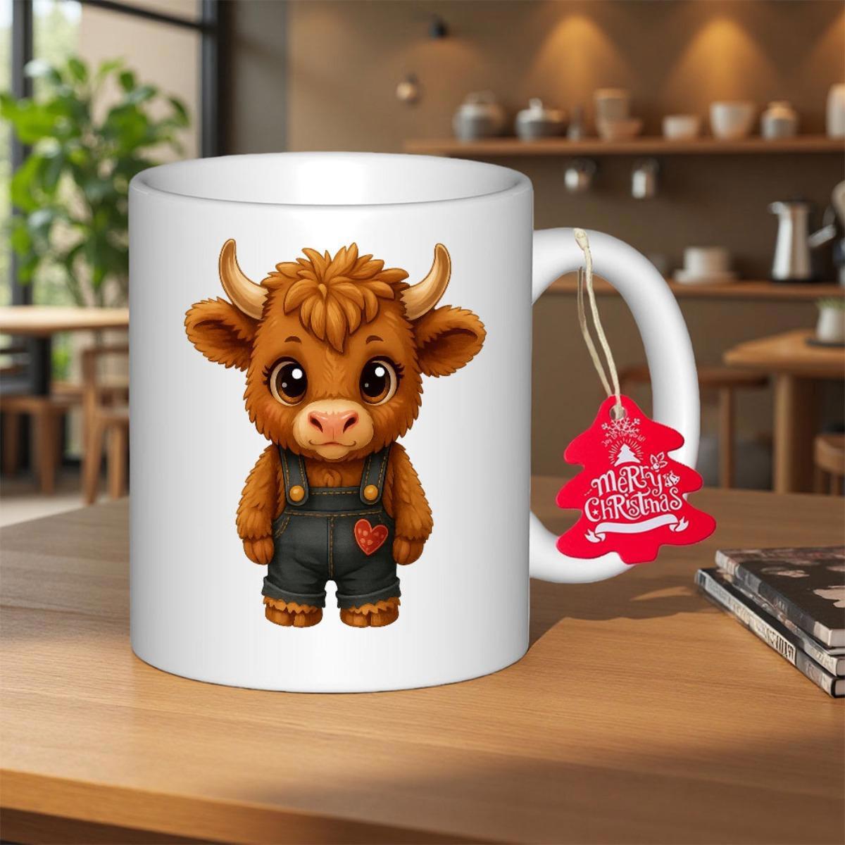 Tailorly White Ceramic 11 oz Mug - Merry Christmas Adorable Fluffy Brown Highland Wearing Blue Denim Overalls With Small Red Heart Cow