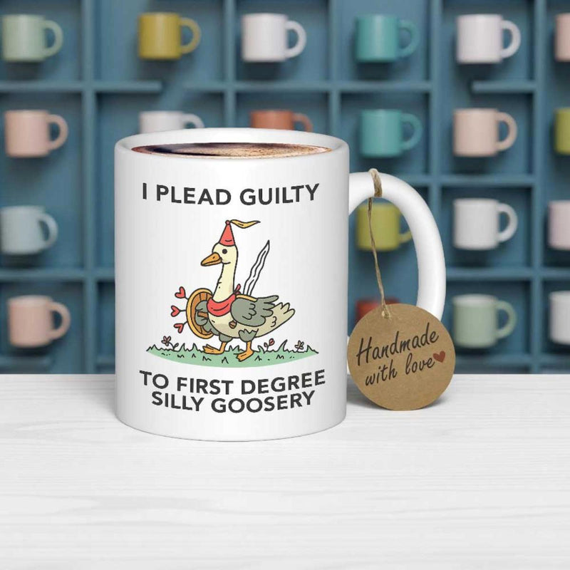 Tailorly White Ceramic 11 oz Mug - I Plead Guilty To First Degree Silly Goosery Whimsical Medieval Knight Carrying Heart Shield And Small Silver Sword Goose