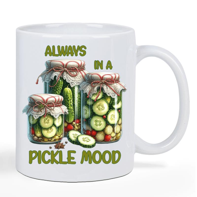 Tailorly White Ceramic 11 oz Mug - Always In A Pickle Mood Glass Jars Filled With Green Sliced Cucumbers And Rustic Fabric Lids Pickle Jar