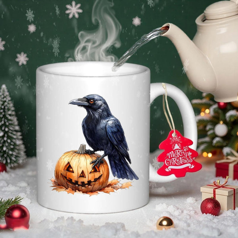 Tailorly White Ceramic 11 oz Mug - Mysterious Black Crow Perched On A Carved Halloween Pumpkin Crow